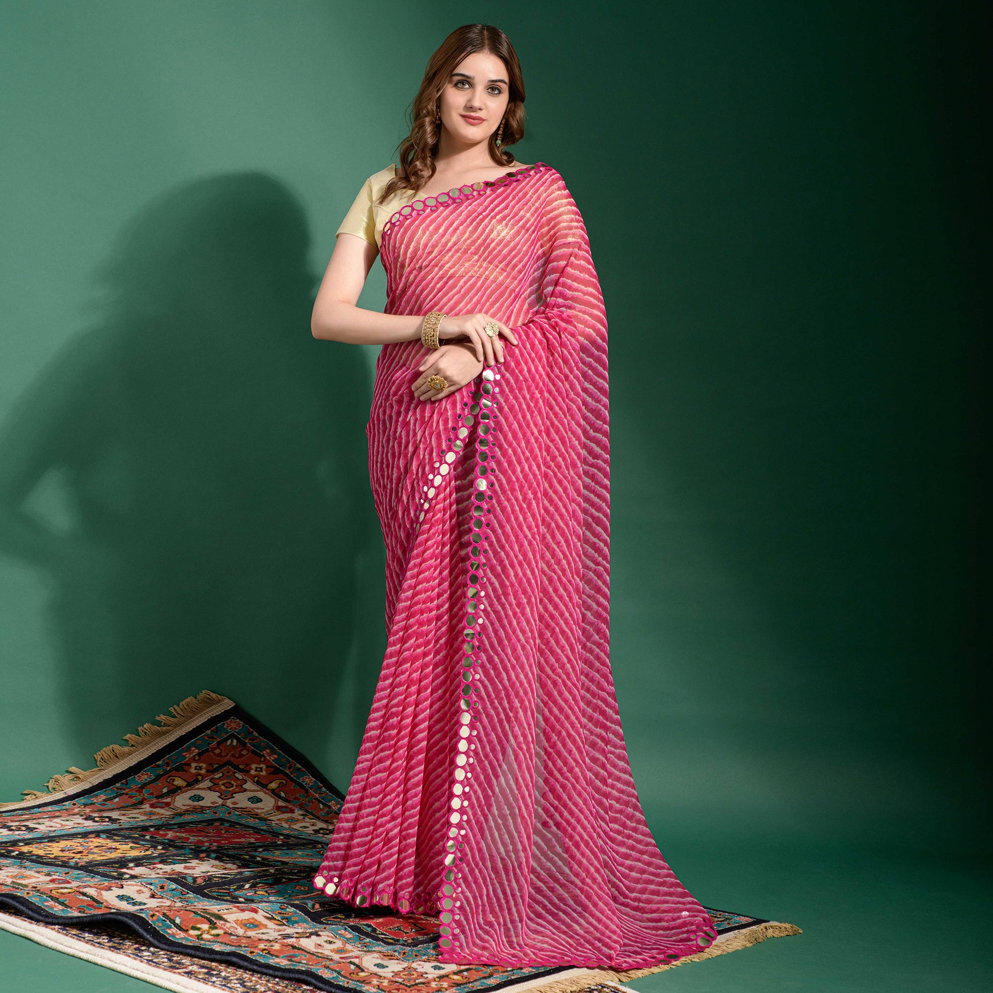 Pink Leheriya Printed With Embroidered Border Chiffon Saree