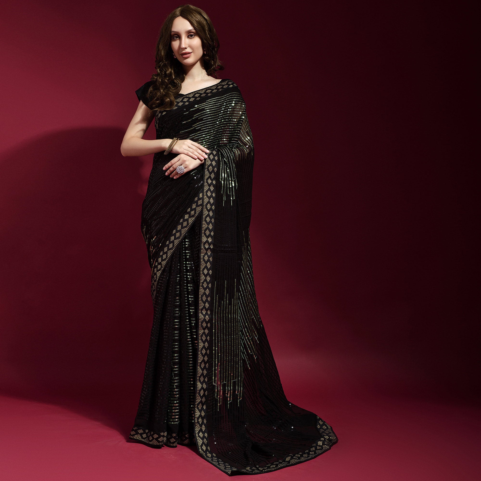 Black & Green Sequins Embroidered Georgette Saree