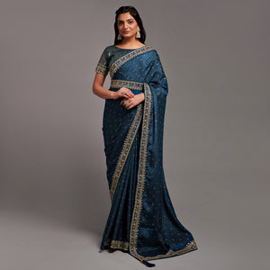 Blue Sequins Embroidered Border Chinon Saree