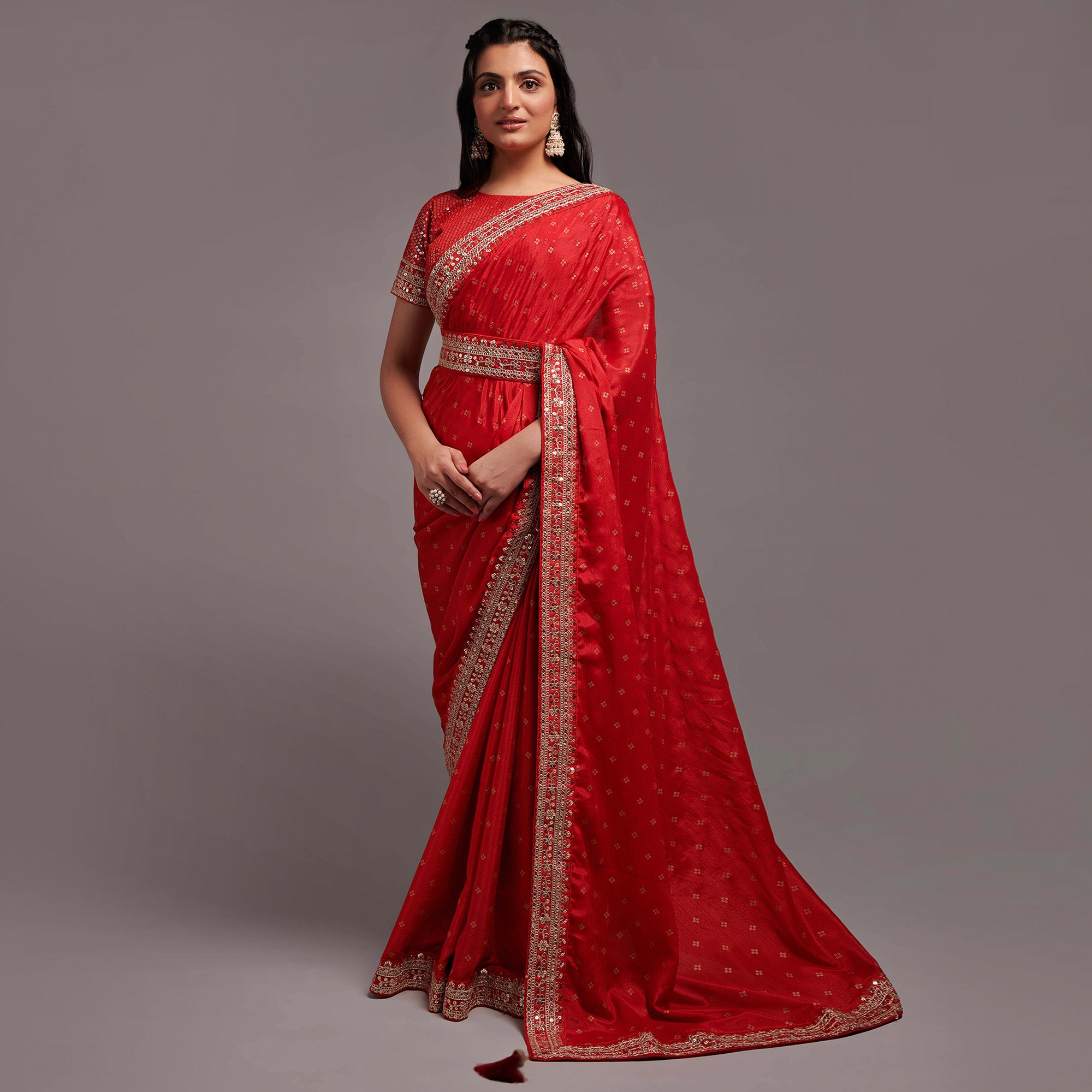 Red Sequins Embroidered Border Chinon Saree