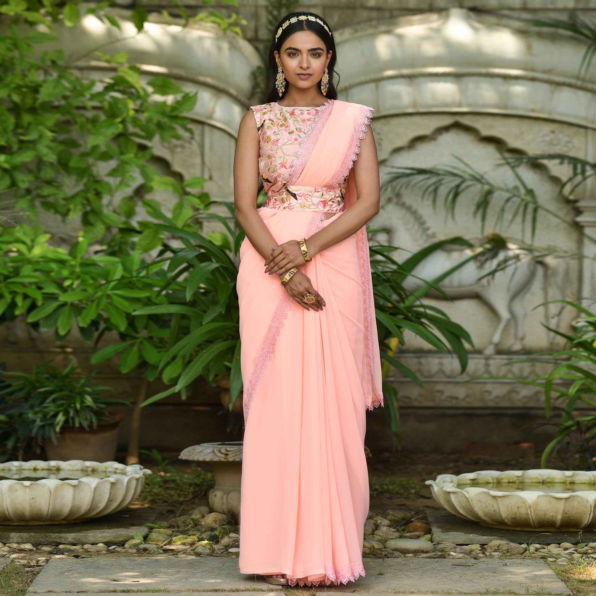 Peach Solid Georgette Saree With Embroidered Blouse Piece