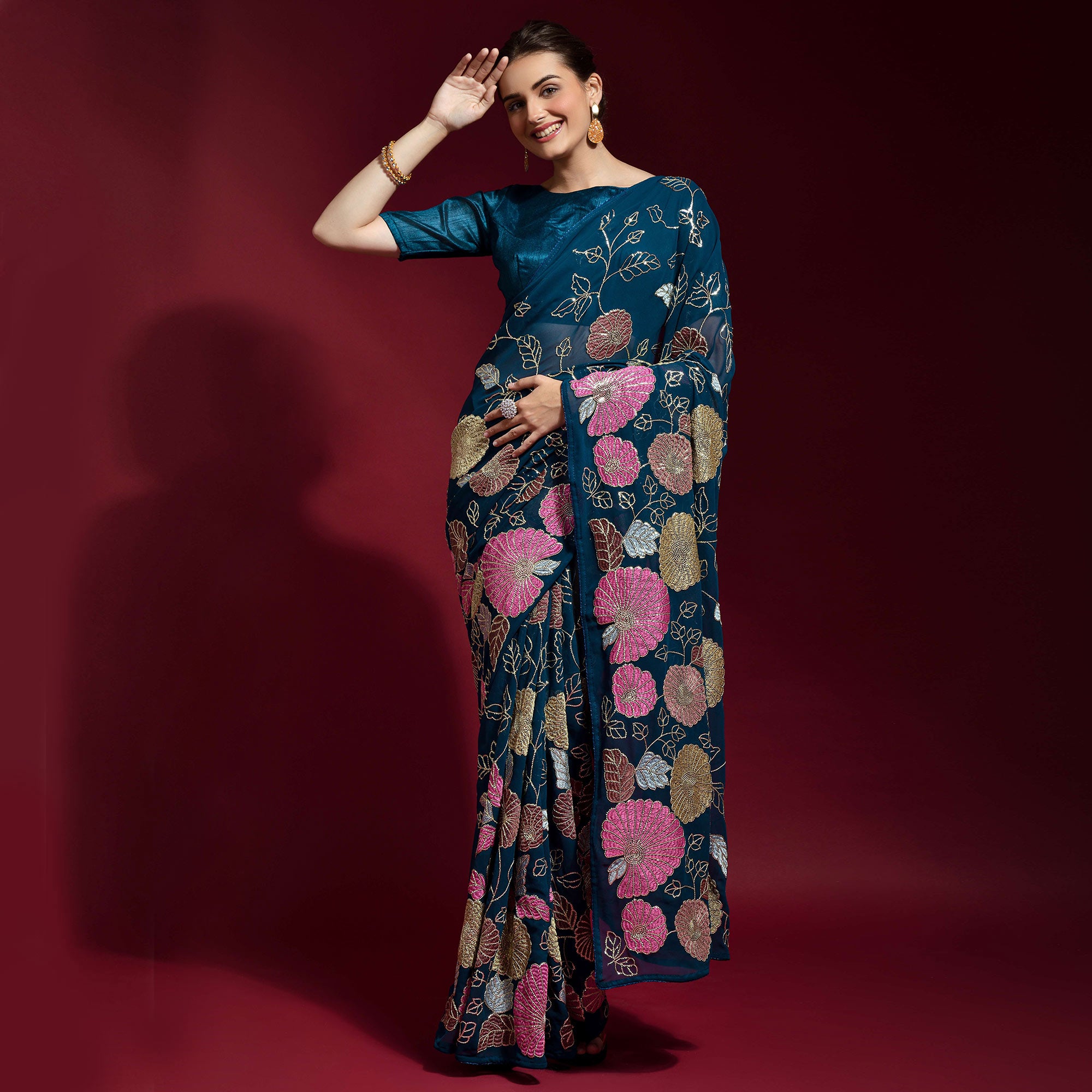 Blue Floral Sequins Embroidered Georgette Saree