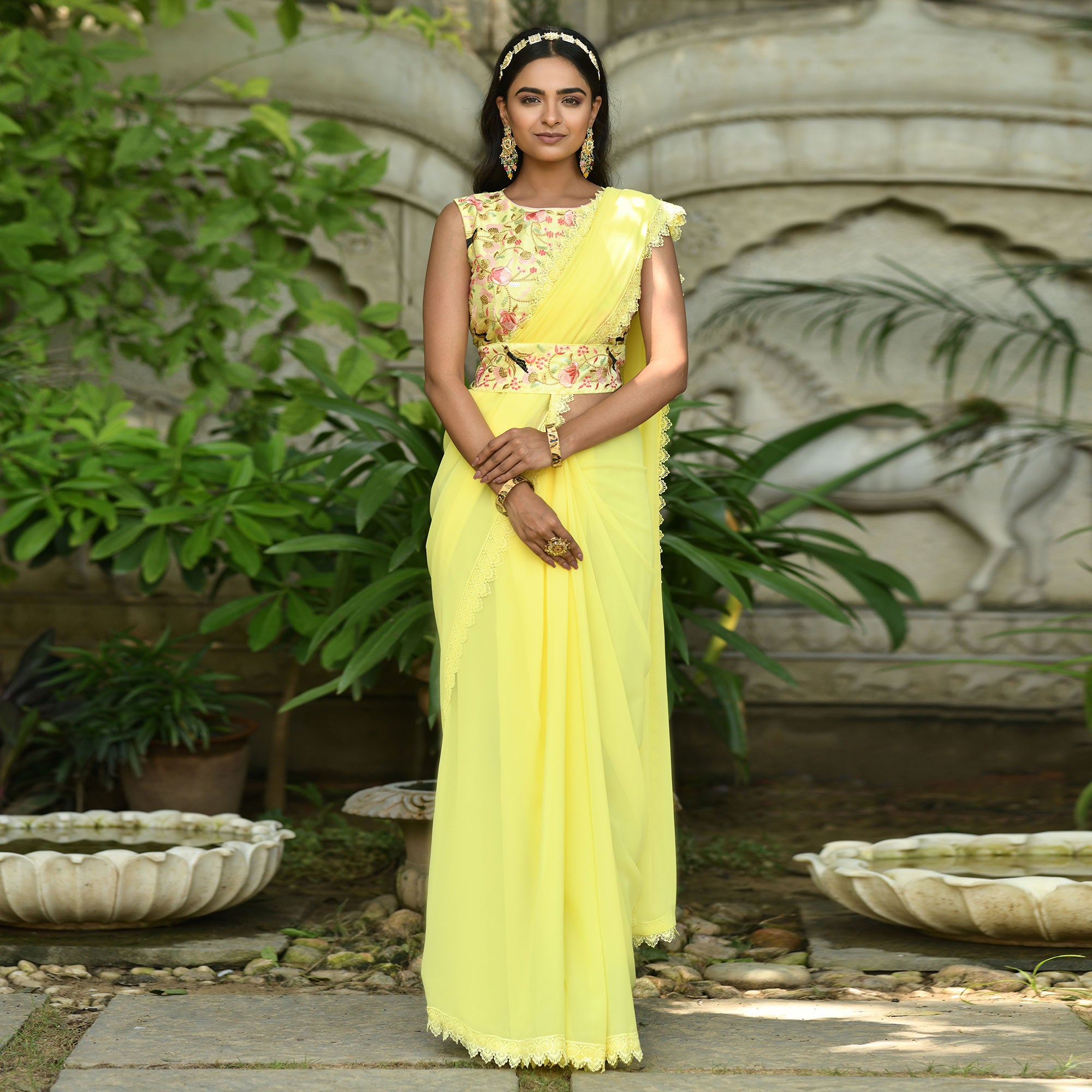Yellow Solid Georgette Saree With Embroidered Blouse Piece
