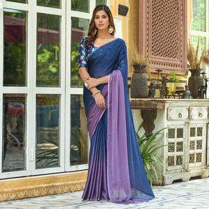 Blue & Purple Solid Chiffon Saree With Tassels