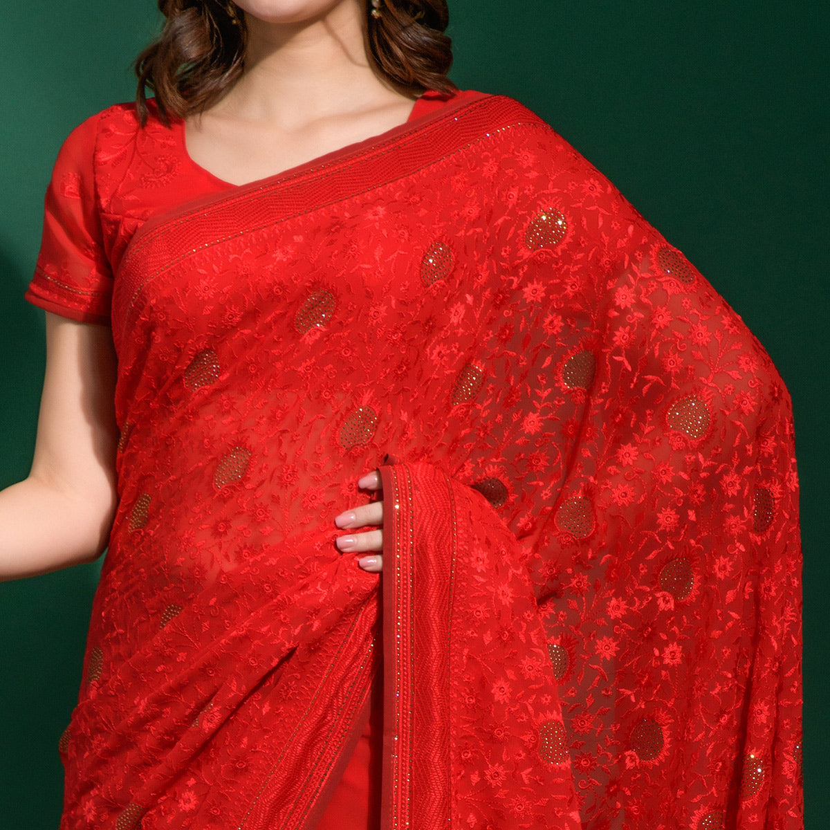 Red Floral Embroidered Georgette Saree