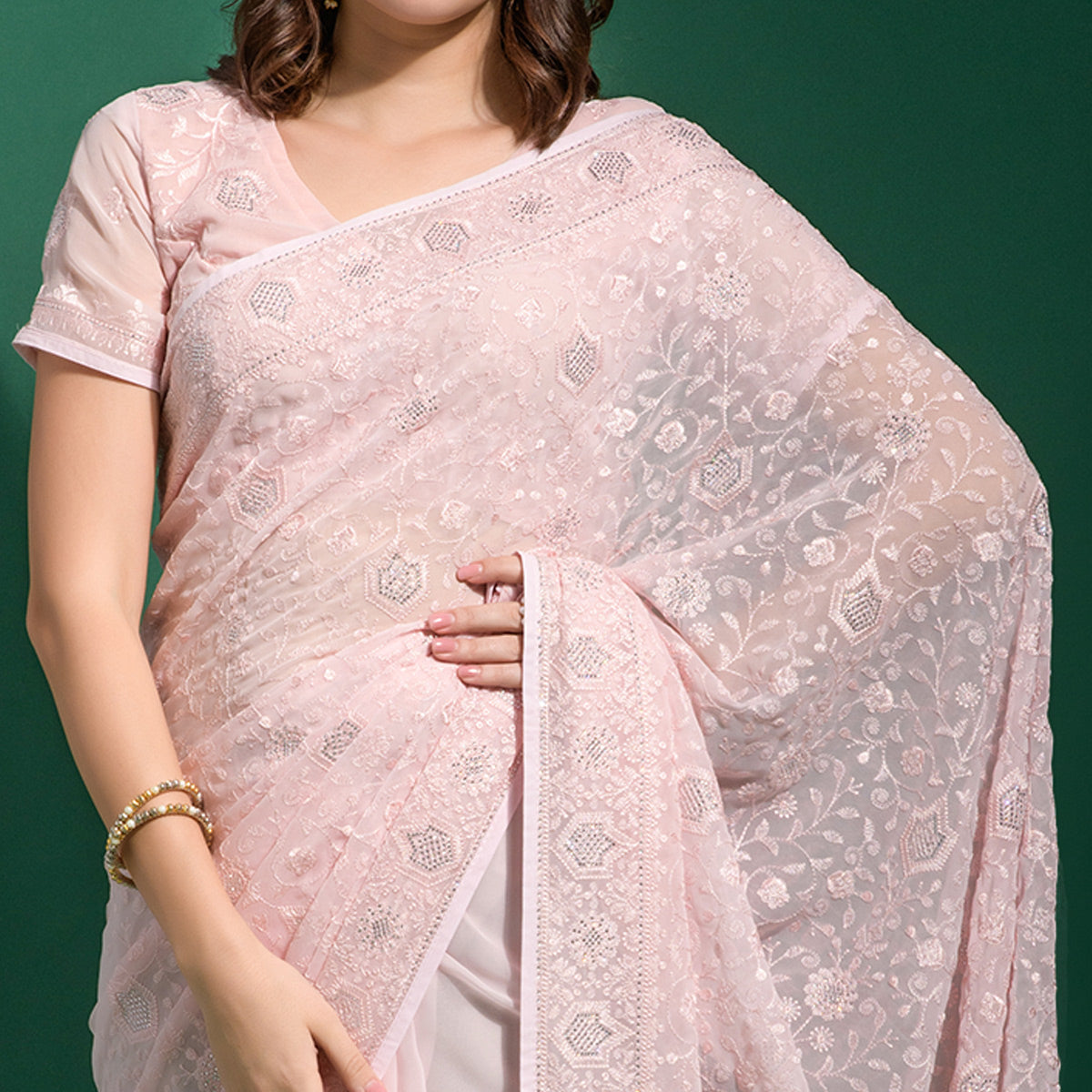 Baby Pink Floral Embroidered Georgette Saree