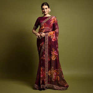 Wine Floral Printed Georgette Saree With Embroidered Border