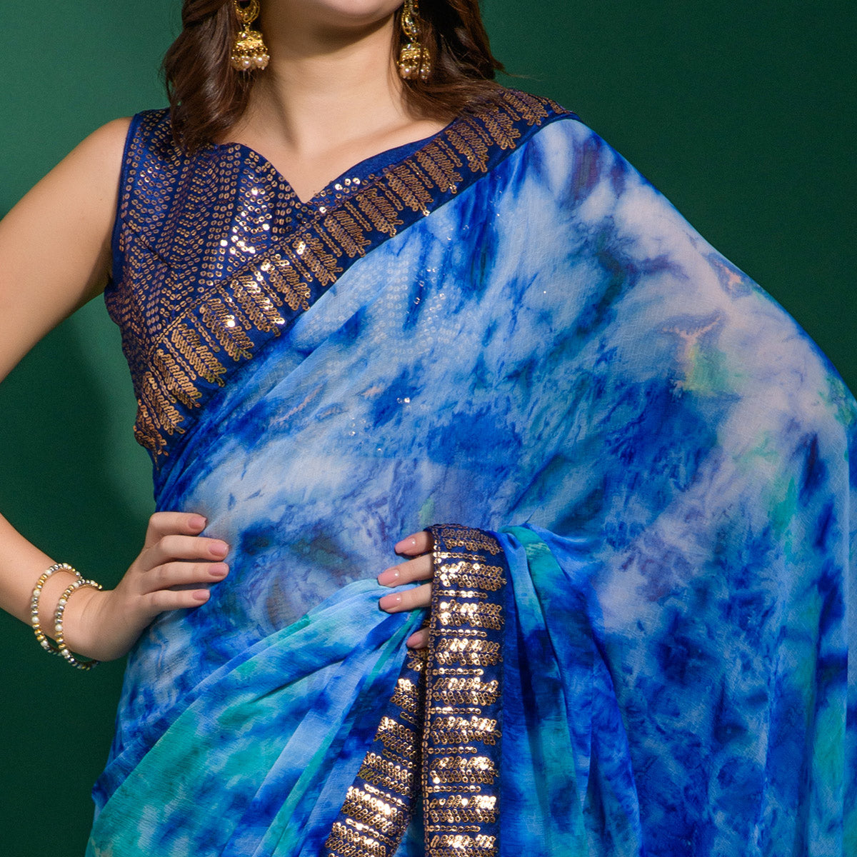 Blue Printed With Sequins Border Chiffon Saree