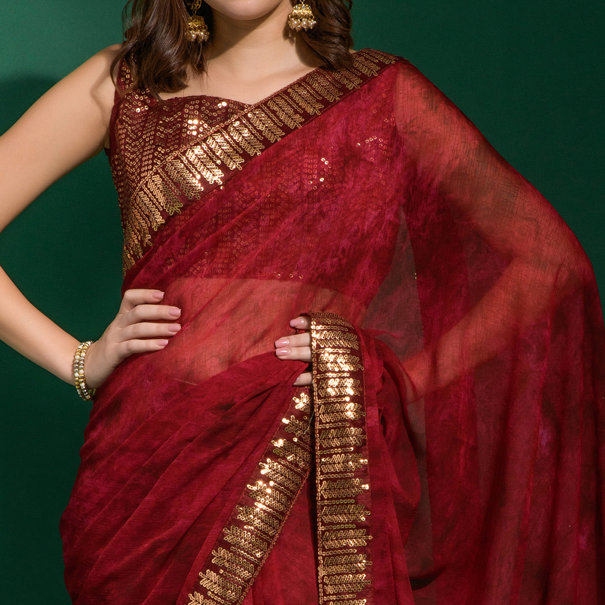 Maroon Printed With Sequins Border Chiffon Saree
