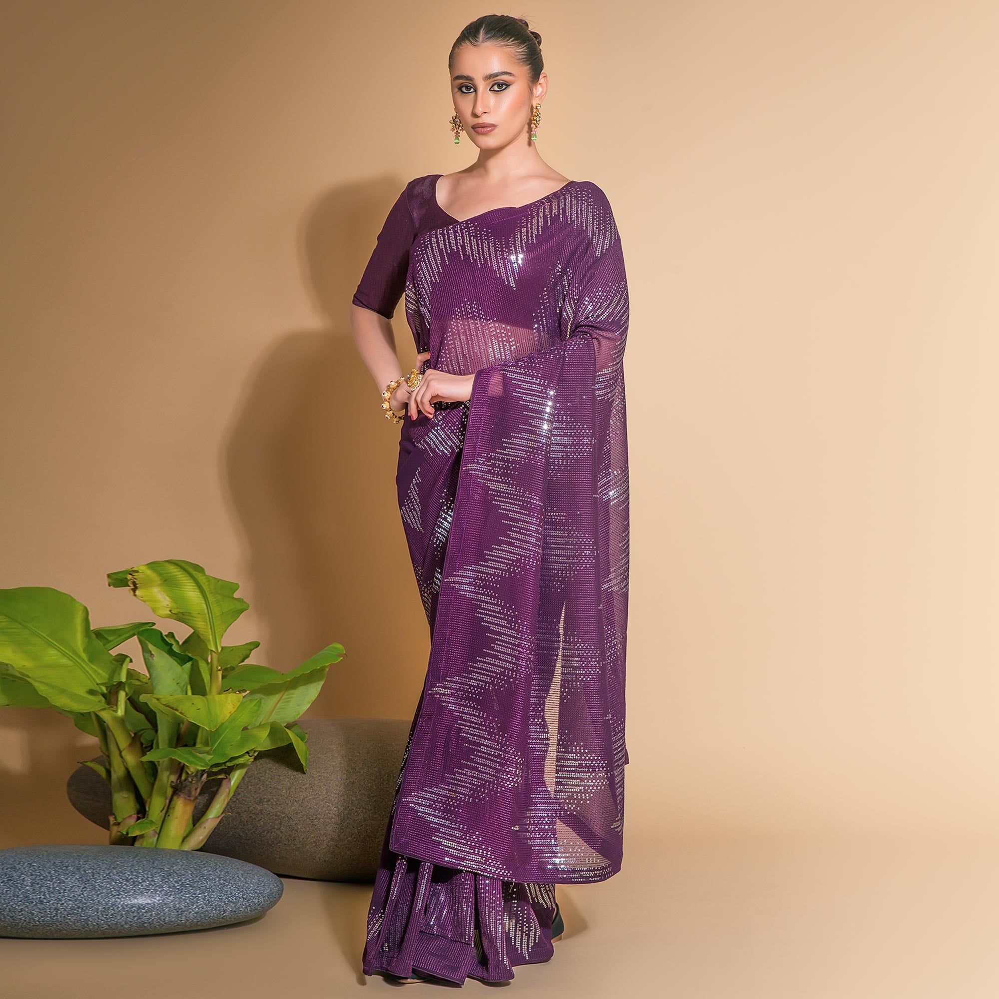 Wine Sequins Embroidered Georgette Saree