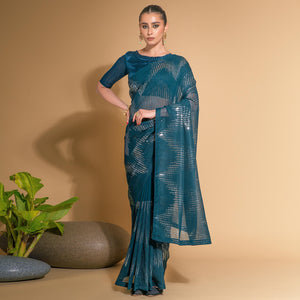 Blue Sequins Embroidered Georgette Saree