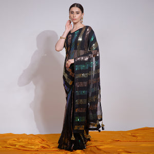 Black Sequins Embroidered Georgette Saree