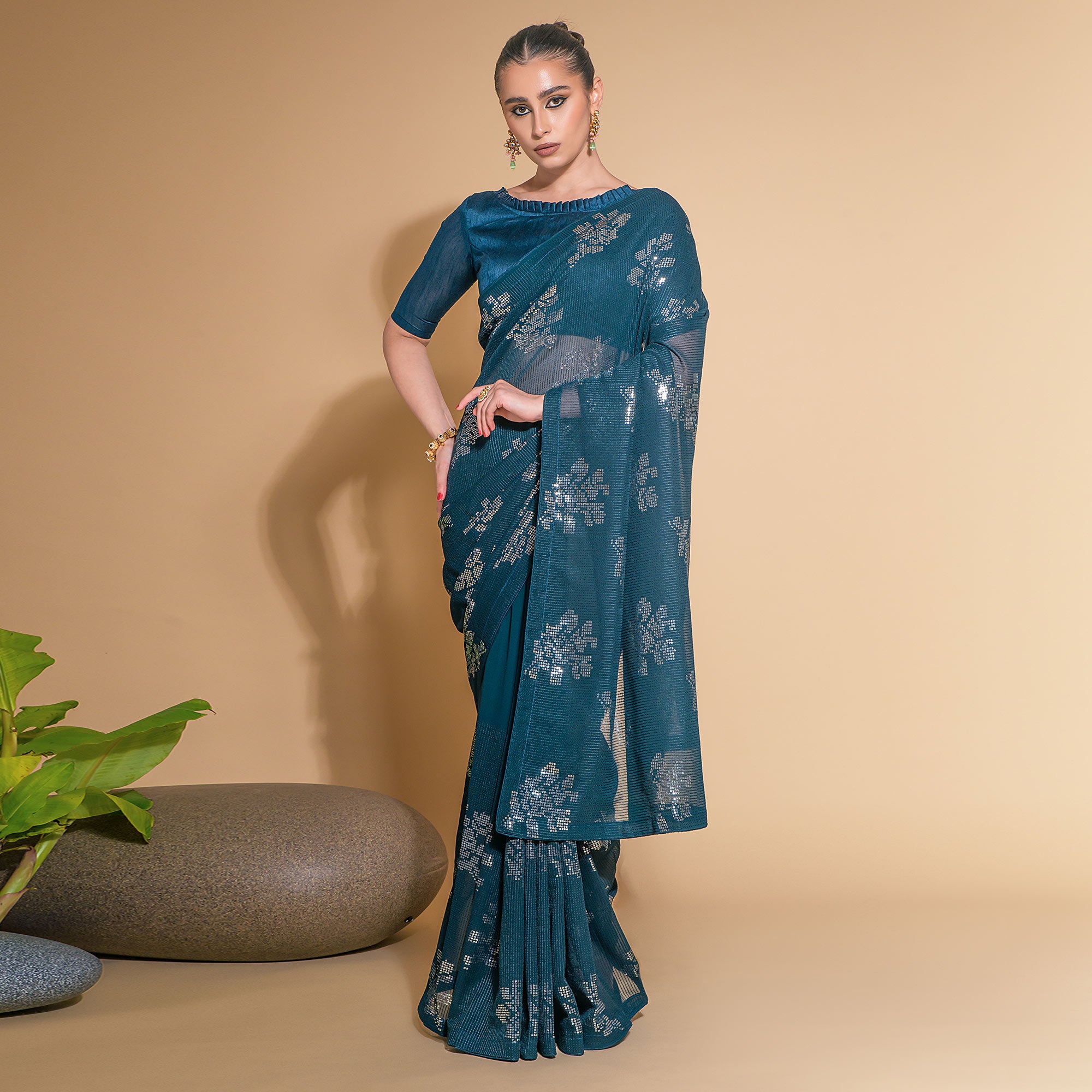 Blue Sequins Embroidered Georgette Saree