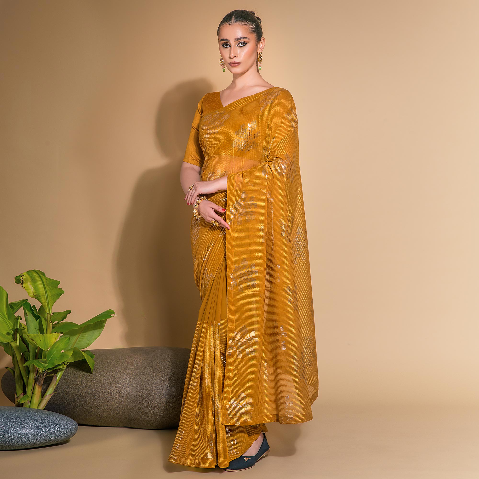 Mustard Sequins Embroidered Georgette Saree