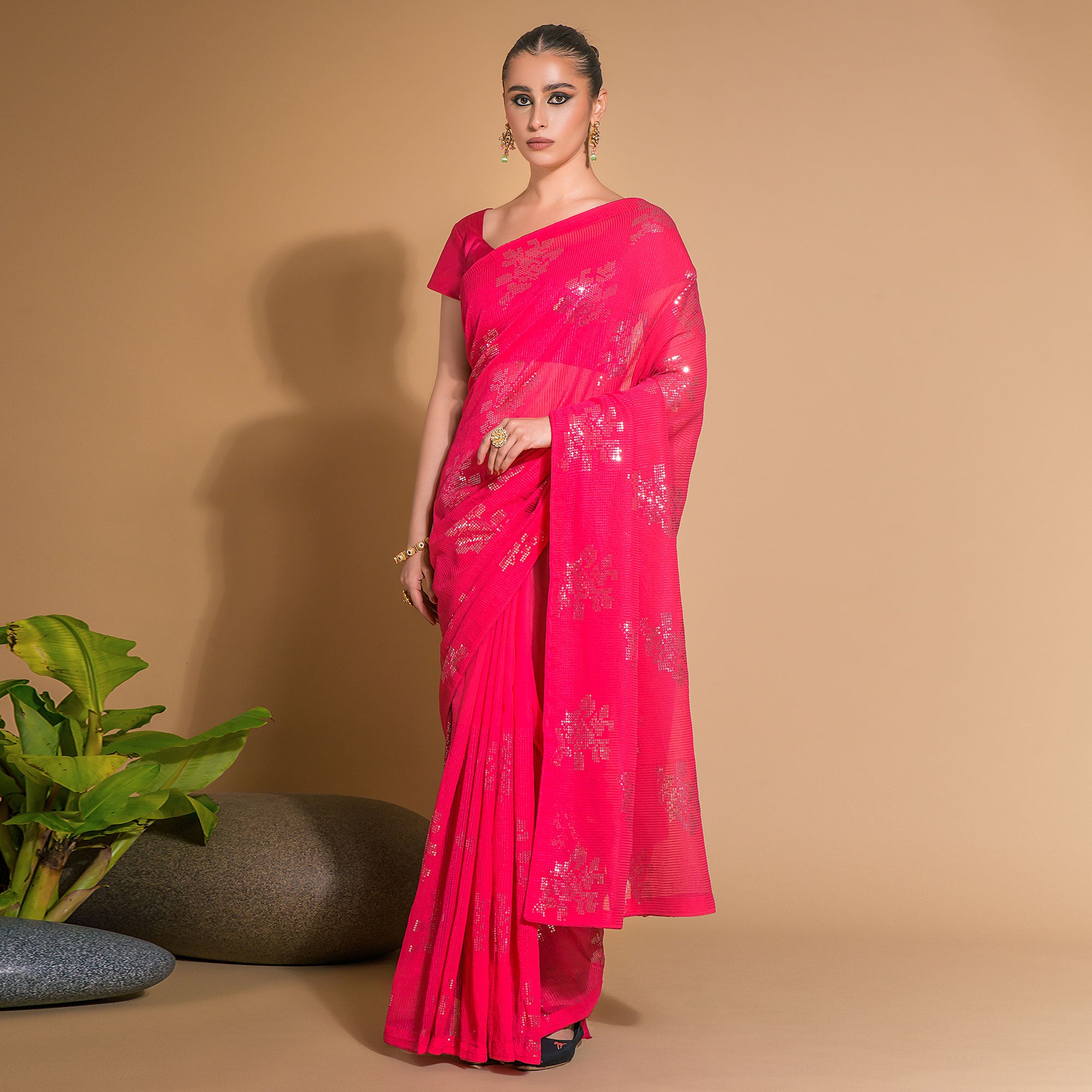 Pink Sequins Embroidered Georgette Saree