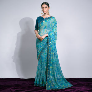 Blue Foil Printed Chiffon Saree With Embroidered Border
