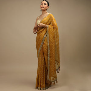 Mustard Bandhani Printed Chinon Saree
