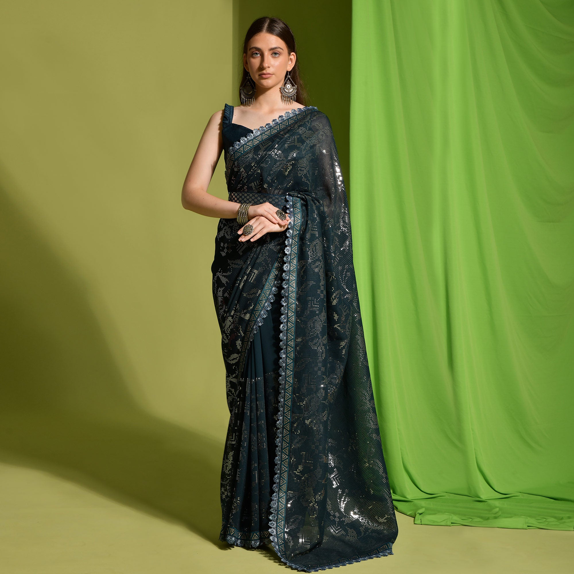 Green Sequins Embroidered Georgette Saree