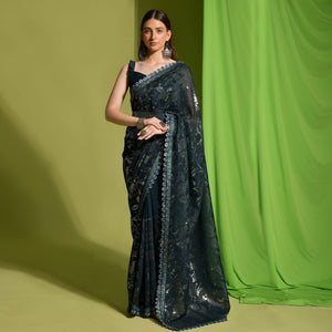 Green Sequins Embroidered Georgette Saree