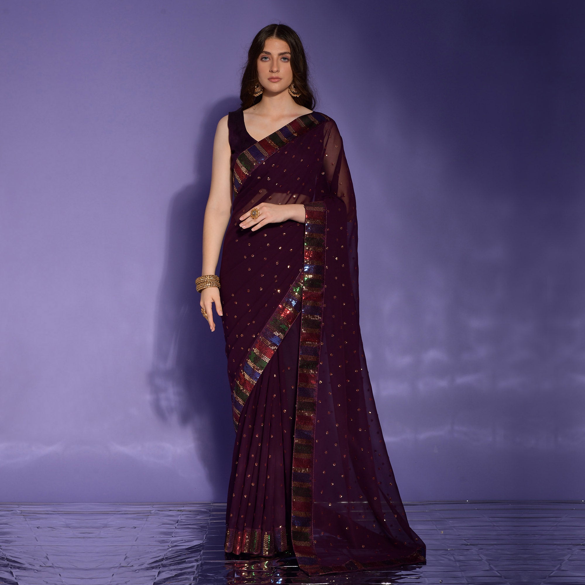 Wine Sequins Embroidered Georgette Saree