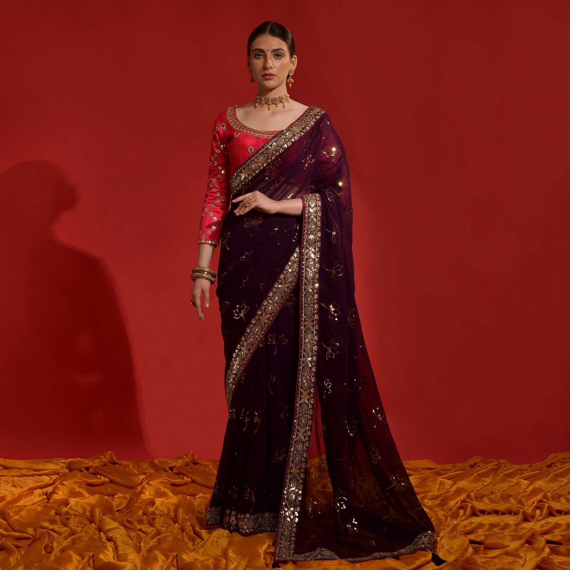 Wine Floral Sequins Embroidered Georgette Saree