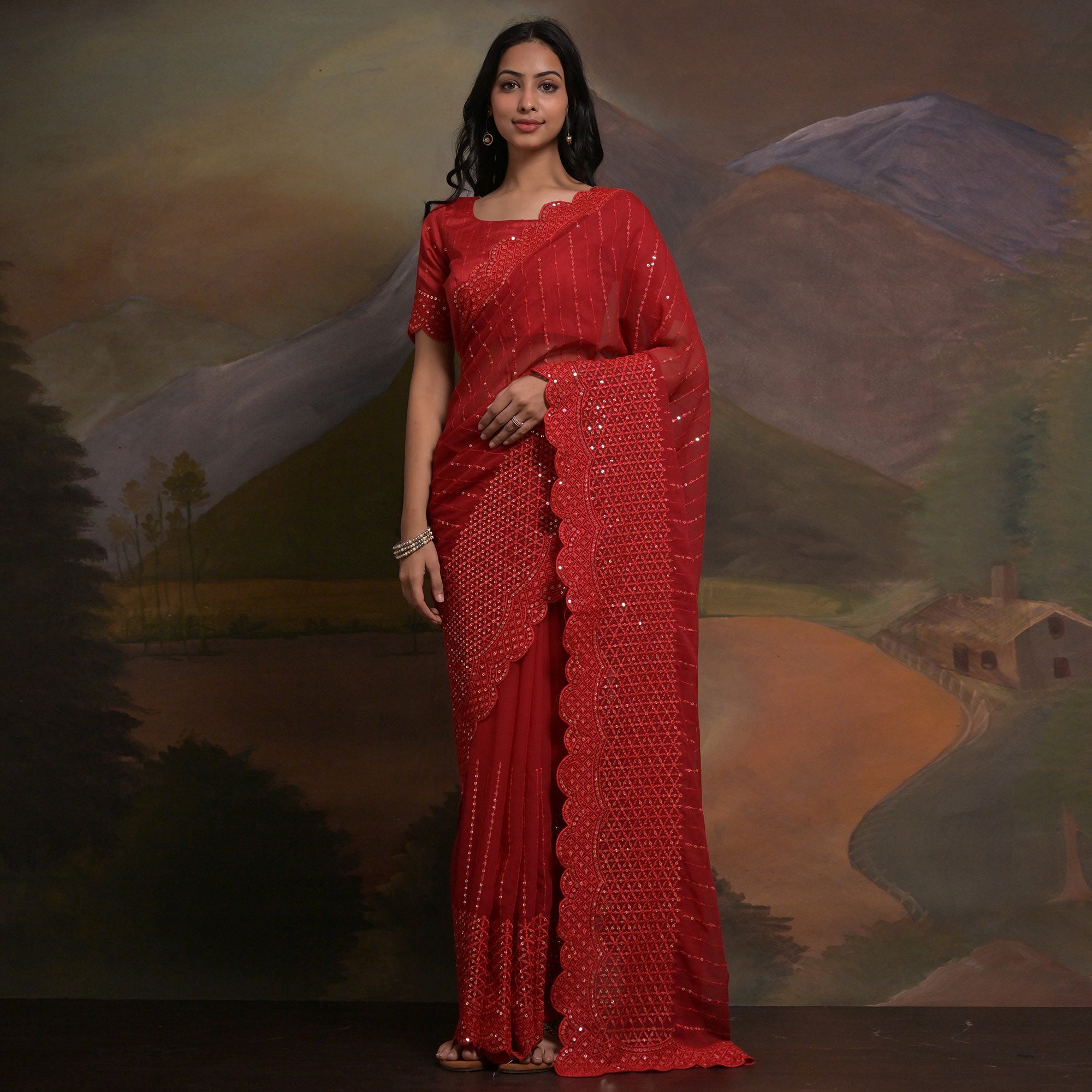 Red Sequins Embroidered Georgette Saree