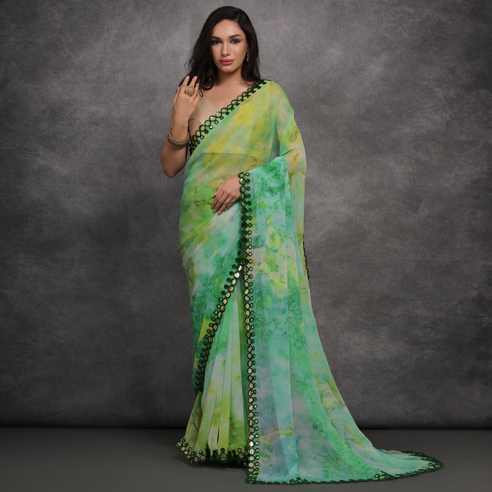 Multicolor Printed With Mirror Work Georgette Saree