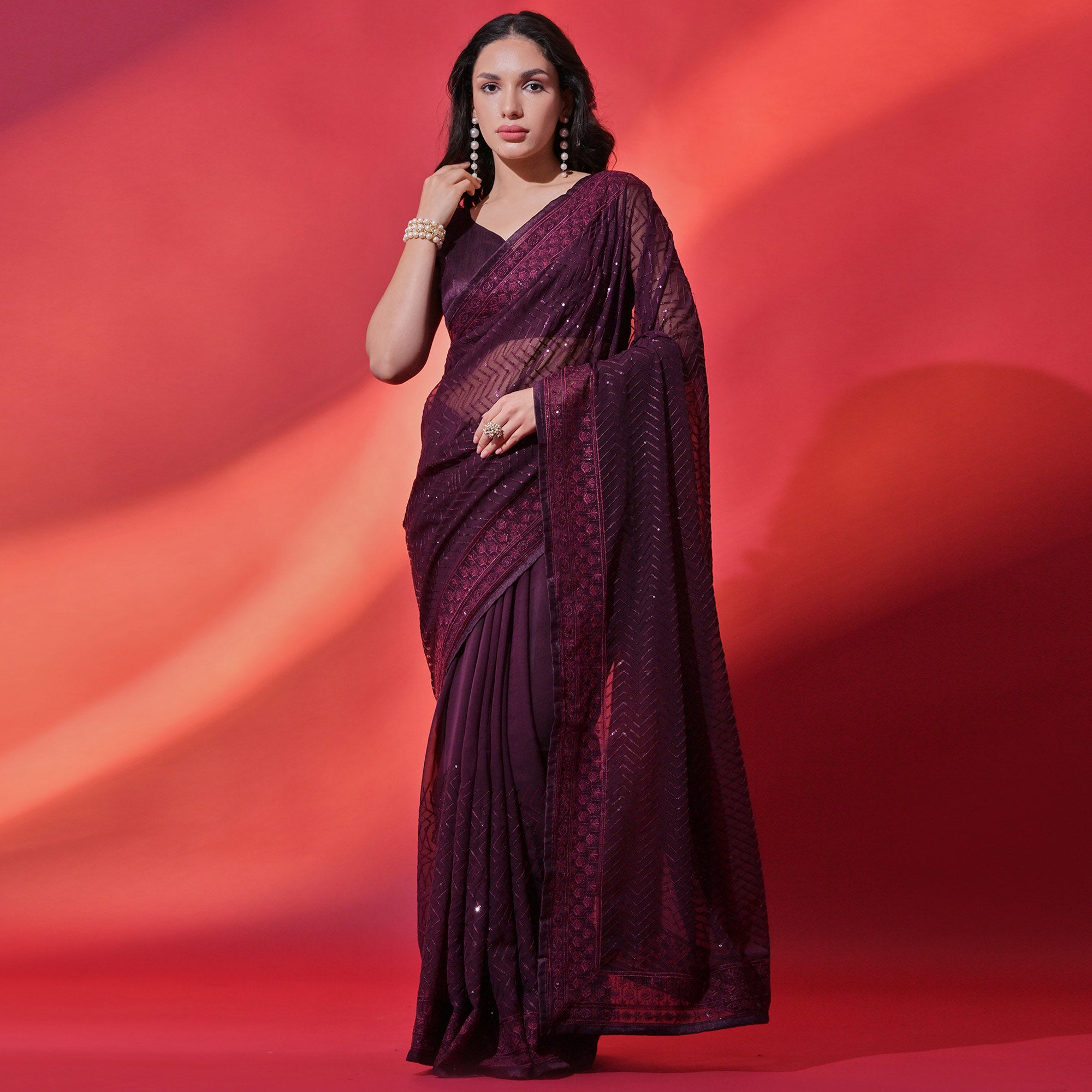 Wine Sequins Embroidered Georgette Saree