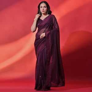 Wine Sequins Embroidered Georgette Saree