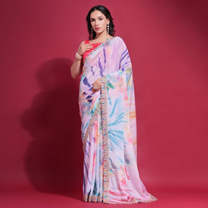 Pink Digital Printed Chinon Saree With Coding Border