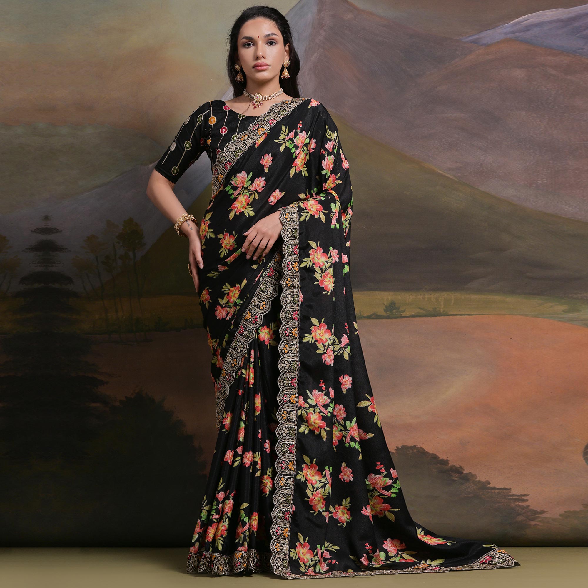 Black Floral Printed Chinon Saree With Embroidered Border