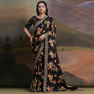 Black Floral Printed Chinon Saree With Embroidered Border