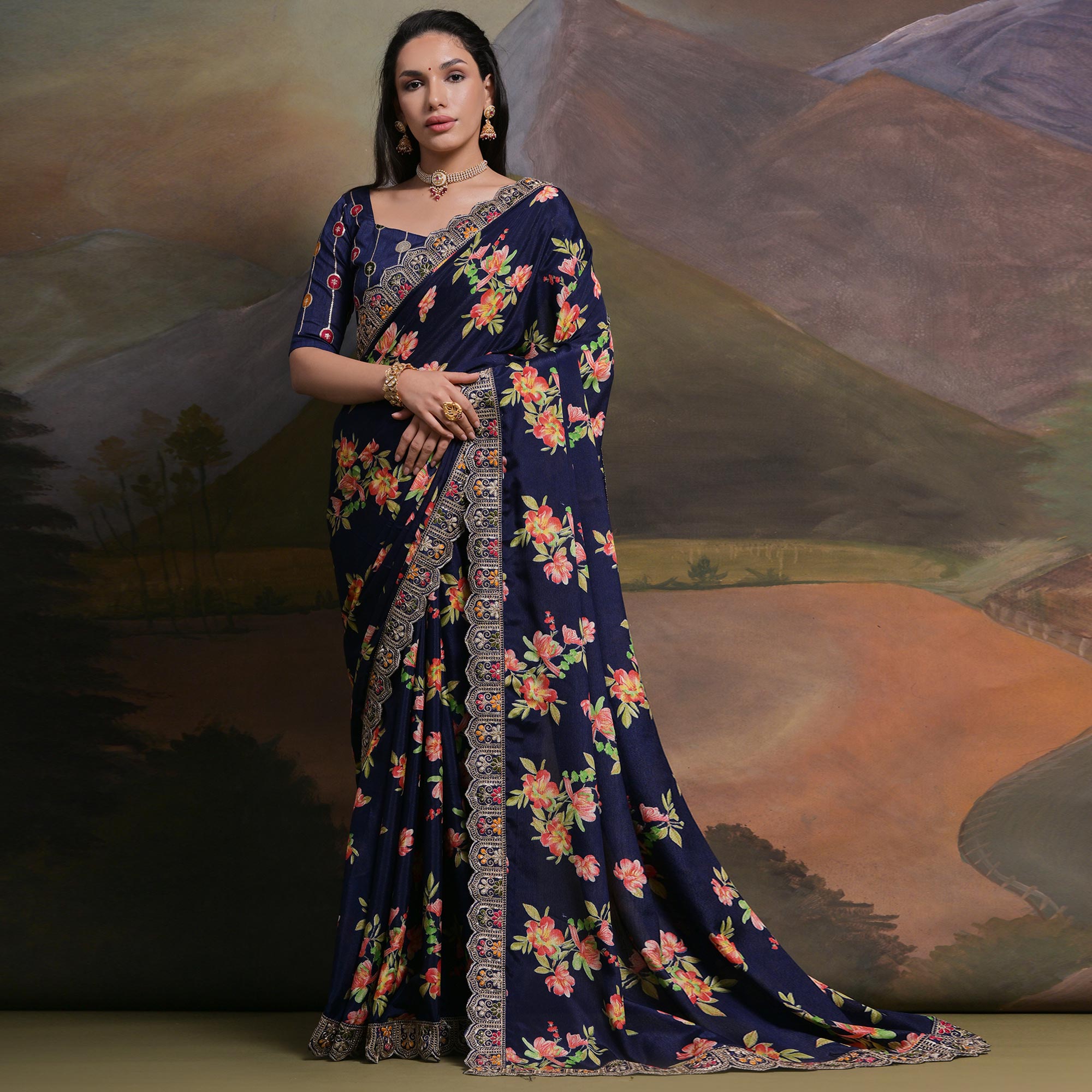 Navy Blue Floral Printed Chinon Saree With Embroidered Border