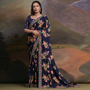 Navy Blue Floral Printed Chinon Saree With Embroidered Border