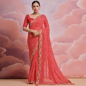 Red Leheriya Printed With Embroidered Border Georgette Saree