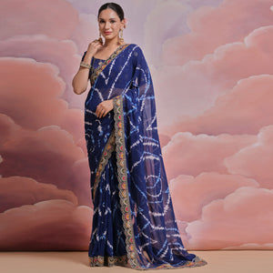 Blue Printed With Embroidered Border Georgette Saree
