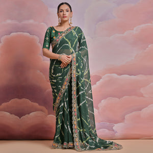 Green Printed With Embroidered Border Georgette Saree