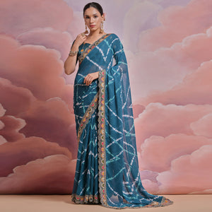 Teal Printed With Embroidered Border Georgette Saree