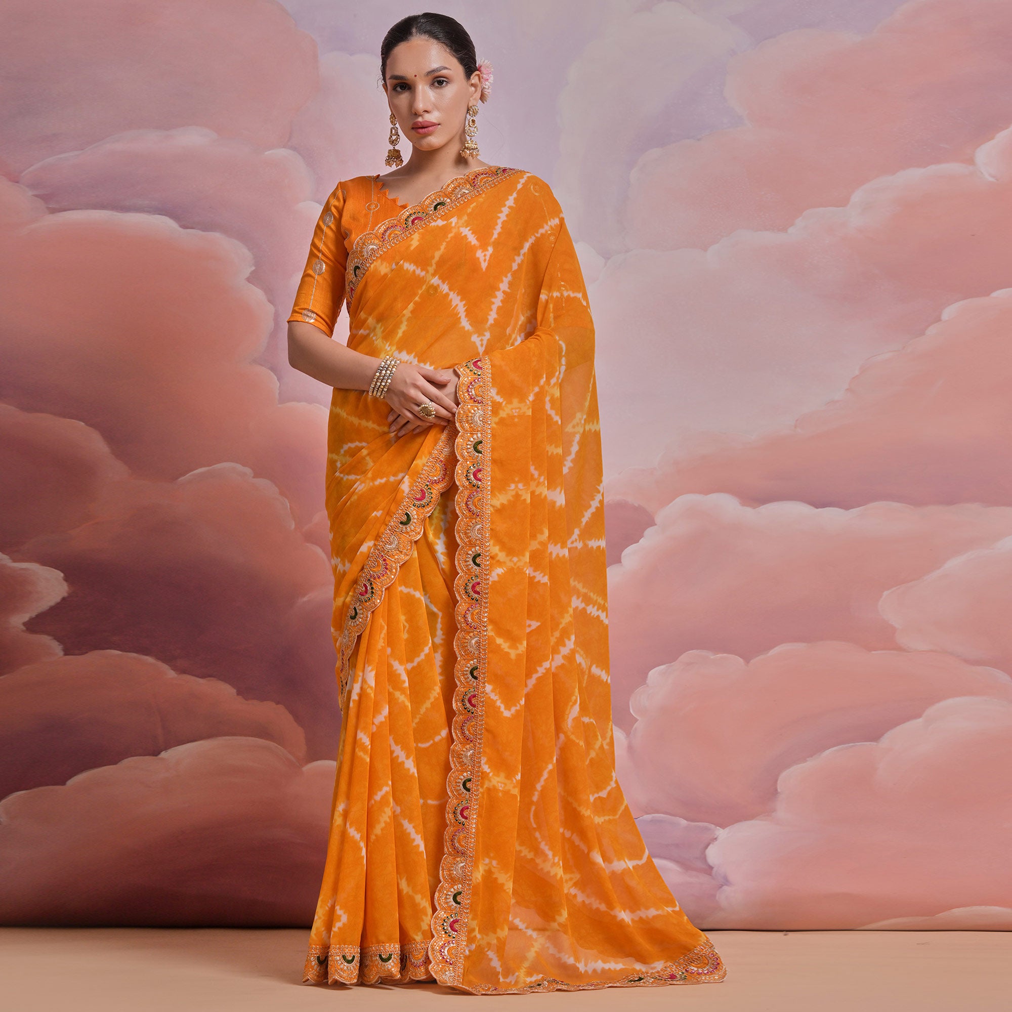 Yellow Printed With Embroidered Border Georgette Saree