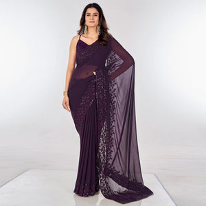 Wine Sequins Embroidered Georgette Saree