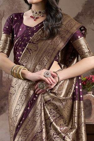 Dark Wine Floral Woven Jacquard Silk Saree