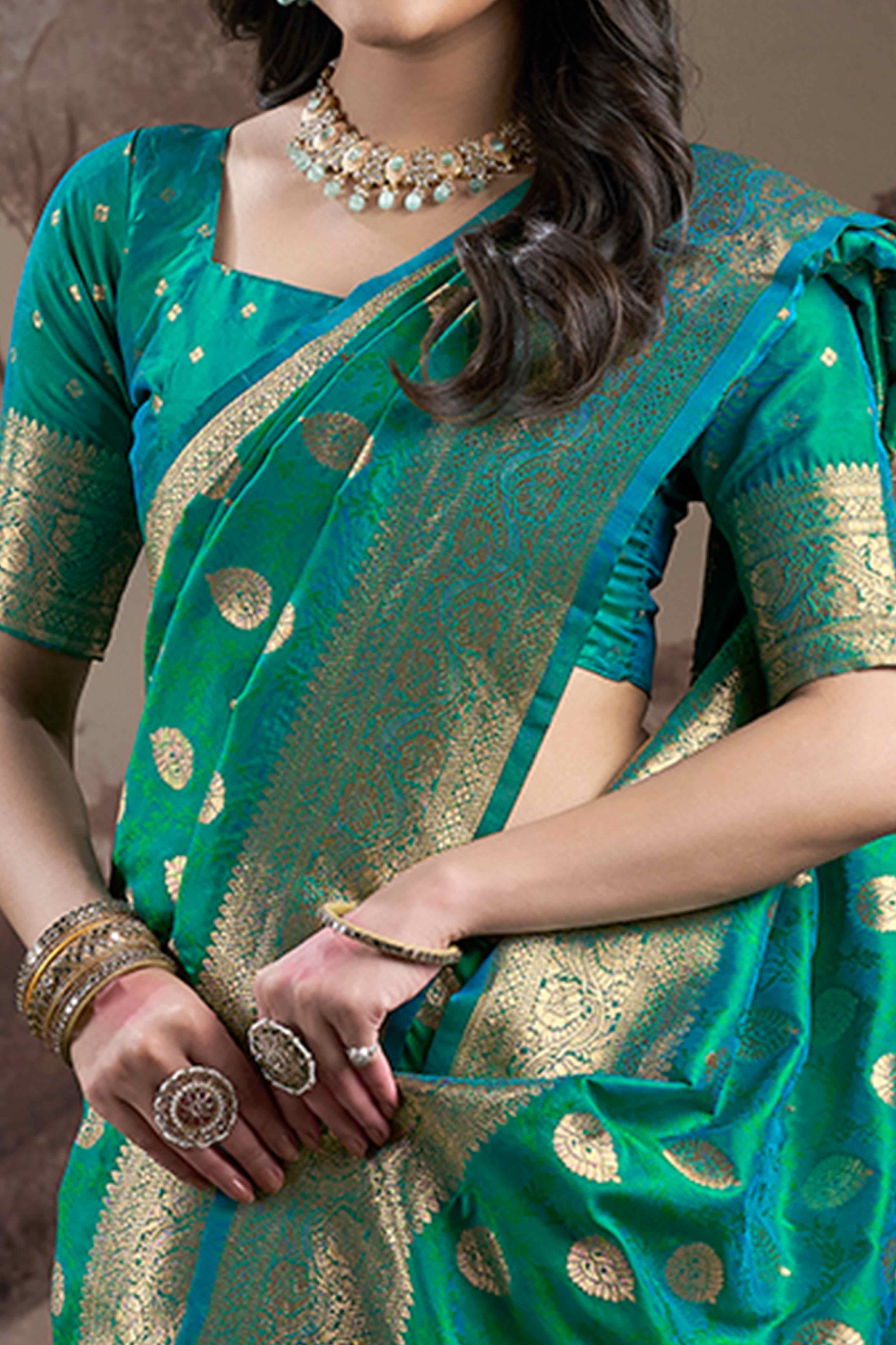 Rama Green Floral Woven Jacquard Silk Saree