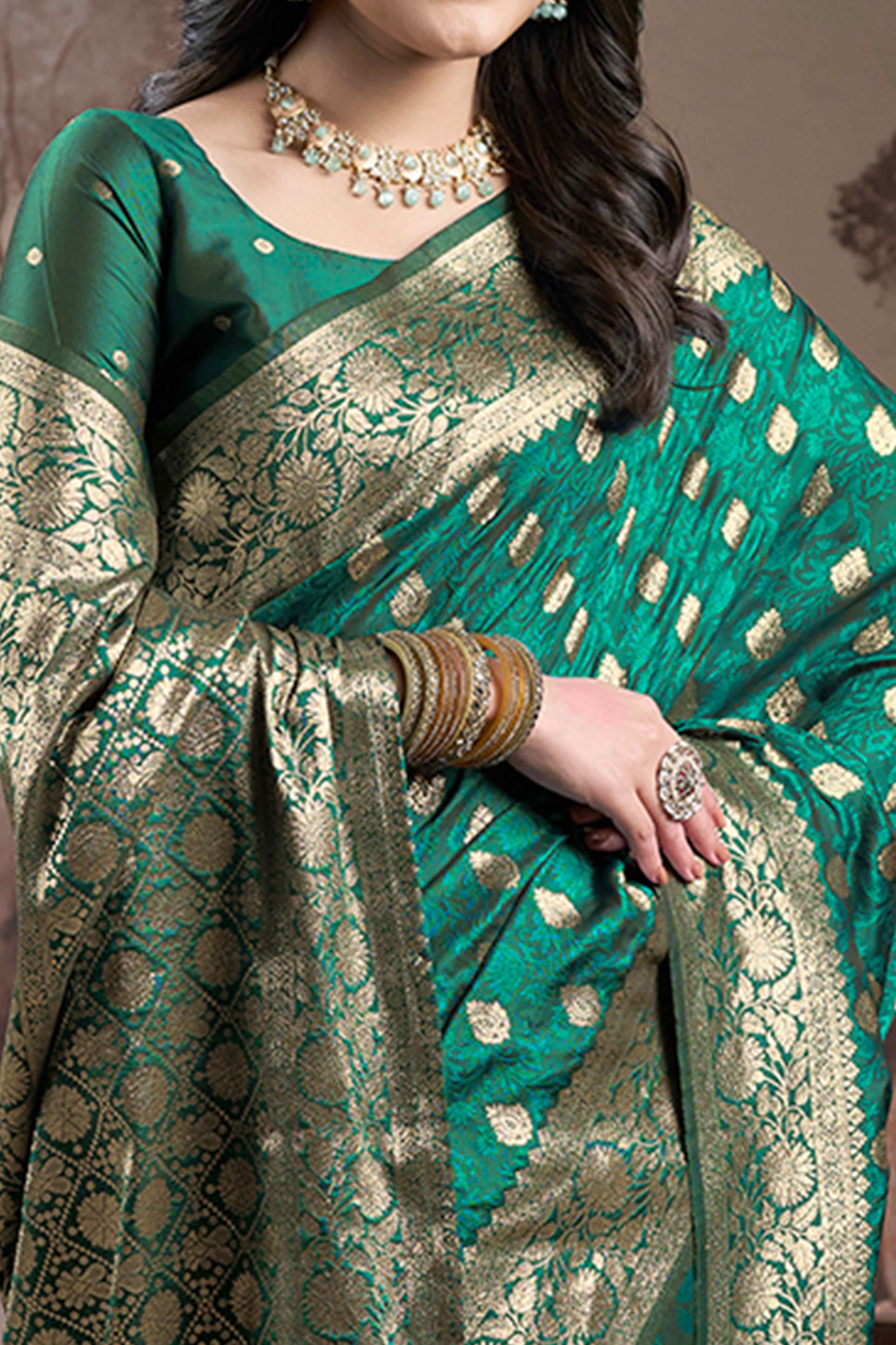 Rama Green Floral Woven Jacquard Silk Saree