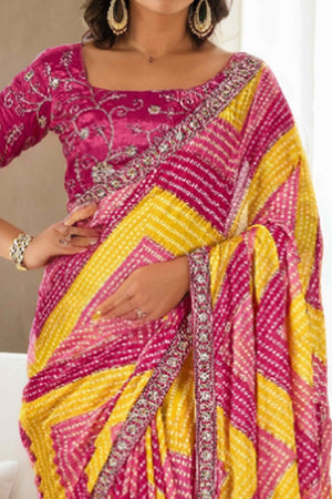 Pink & Yellow Bandhani Digital Printed Chinon Saree With Embroidered Border