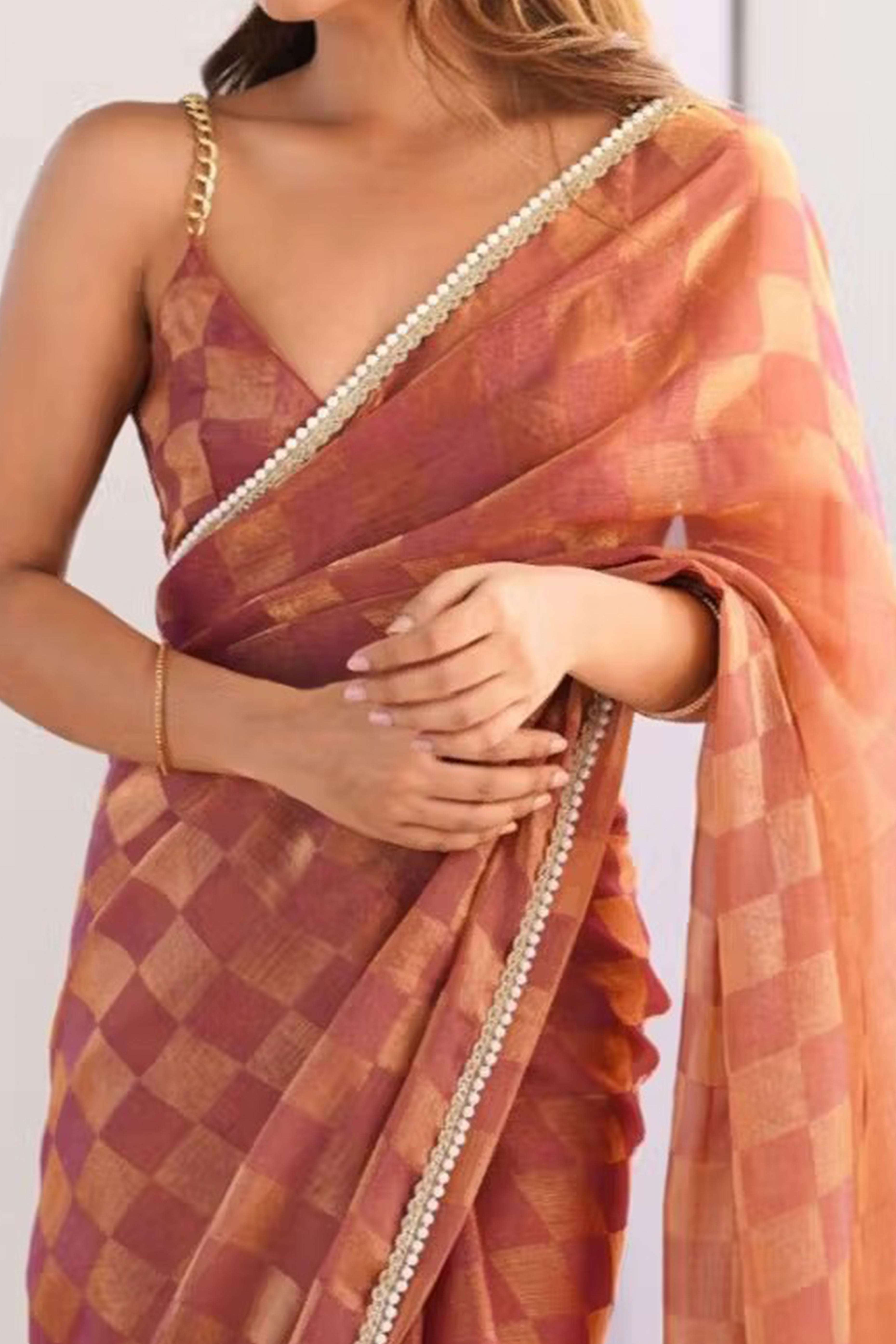 Orange Checks Weaving Chiffon Saree With Refined Moti Lace Border