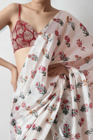 Offwhite Floral Digital Printed With Lace Border Pallu Chinon Ready To Wear Saree