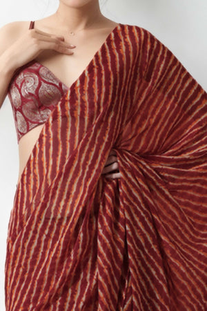 Maroon Leheriya Printed With Marbel Chiffon Ready To Wear Saree