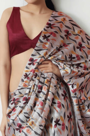 Beige Floral Digital Printed With Lace Border Pallu Chinon Ready To Wear Saree