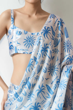 White & Blue Floral Digital Printed With Lace Border Pallu Chinon Ready To Wear Saree