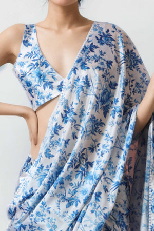 White & Blue Floral Digital Printed With Lace Border Pallu Chinon Ready To Wear Saree
